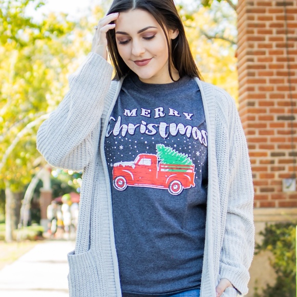 Merry Christmas Red Truck Holiday Cute Graphic Tee - Picture 1 of 2